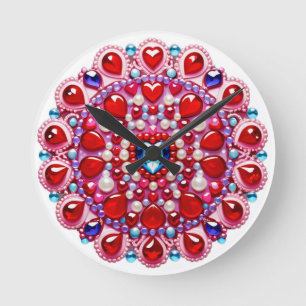 Colourful Heart Jewels Mandala Design Round Clock