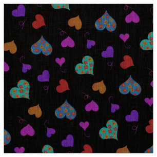 Colourful Heart Pattern - Cute Cheerful Girly Blac Fabric