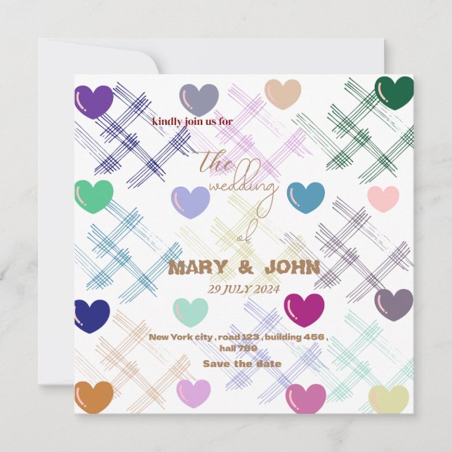 Colourful Heart Pattern Wedding Invitation | Moder (Front)