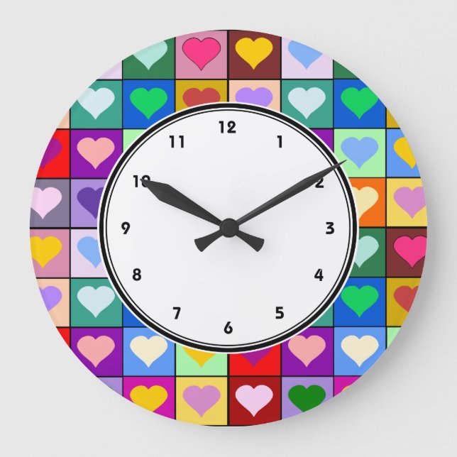 Colourful Heart Squares wall clock with numbers (Front)