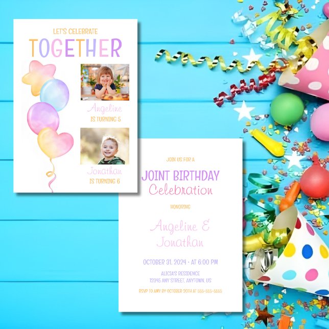 Colourful Heart Star Balloon Photo Joint Birthday Invitation (Creator Uploaded)