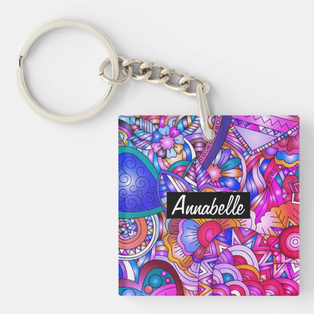 Colourful Hearts and Flowers Abstract Personalised Key Ring (Front)