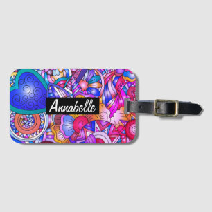 Colourful Hearts and Flowers Abstract Personalised Luggage Tag
