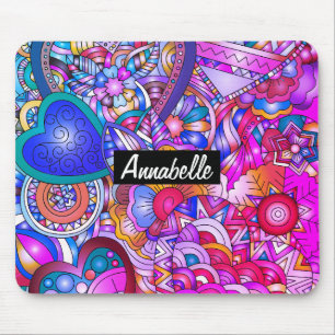 Colourful Hearts and Flowers Abstract Personalised Mouse Pad