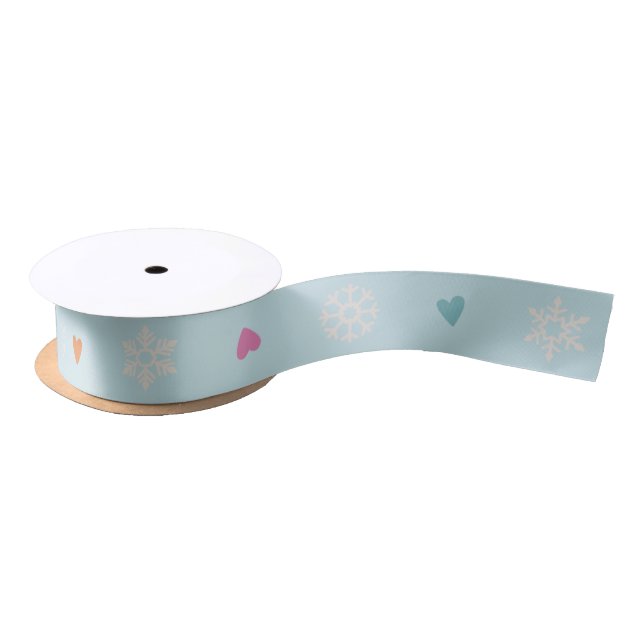 Colourful hearts and snowflakes light blue satin ribbon (Spool)