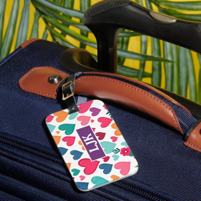 Colourful hearts custom luggage tag (Front Insitu 1)