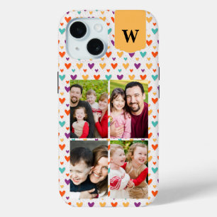 Colourful Hearts Custom Monogram 4-Photos iPhone 15 Case