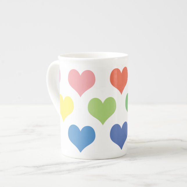 Colourful hearts design bone china mug (Front Left)