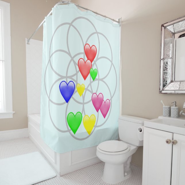 Colourful Hearts, Flower of Life Pattern Shower Curtain (In Situ)