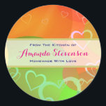 Colourful Hearts Homemade Kitchen Baked Goods Classic Round Sticker<br><div class="desc">A colourful kitchen sticker which says "from the kitchen of (name) homemade with love. The background design is a whimsical happy pattern with lots of cheerful hearts and balloons floating and bobbing along.</div>