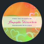 Colourful Hearts Homemade Kitchen Baked Goods Classic Round Sticker<br><div class="desc">A colourful kitchen sticker which says "from the kitchen of (name) homemade with love. The background design is a whimsical happy pattern with lots of cheerful hearts and balloons floating and bobbing along.</div>