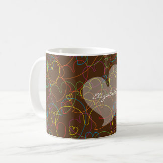 Colourful Hearts Net Pattern-Brown-Name  Coffee Mug