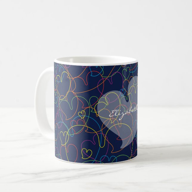 Colourful Hearts Net Pattern - Intense Blue - Name Coffee Mug (Front Left)
