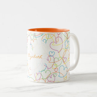 Colourful Hearts Net Pattern-White-Name Two-Tone Coffee Mug