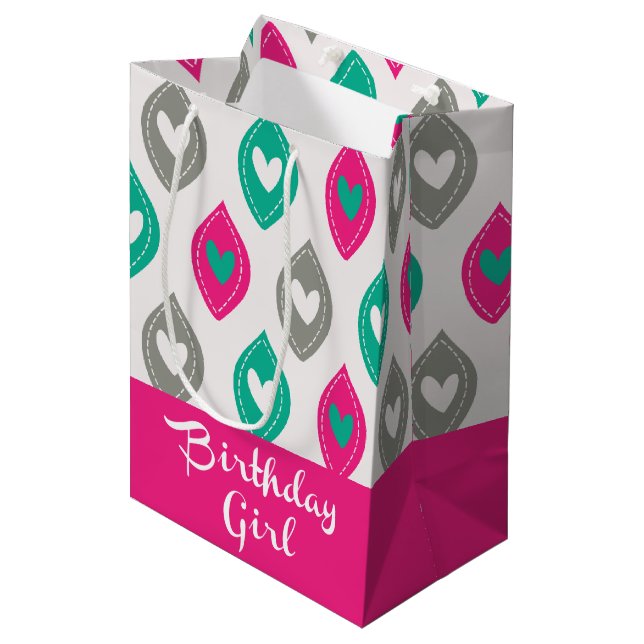 Colourful Hearts Pattern Birthday Girl Medium Gift Bag (Front Angled)
