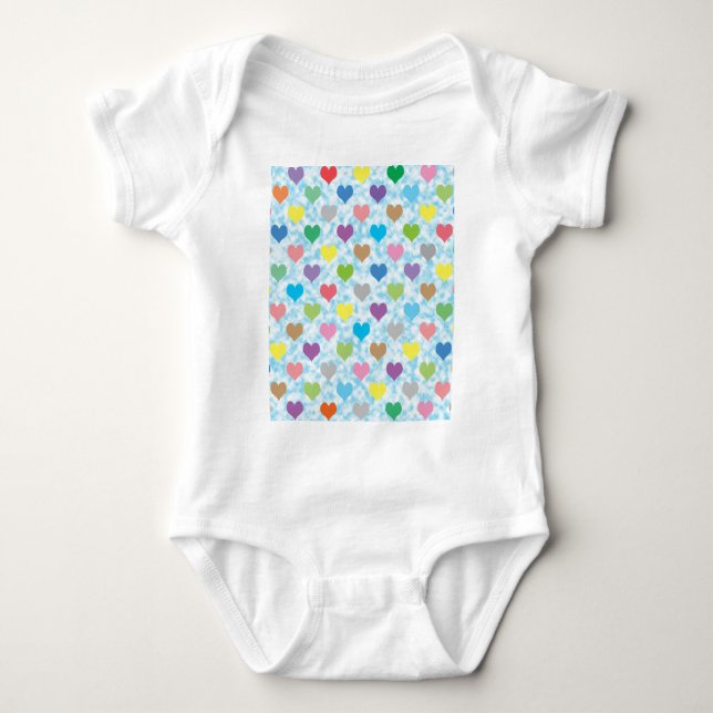 Colourful hearts pattern on blue background baby bodysuit (Front)