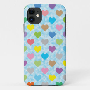 Colourful hearts pattern on blue background iPhone 11 case