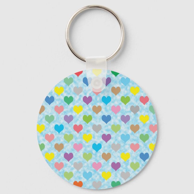 Colourful hearts pattern on blue background key ring (Front)