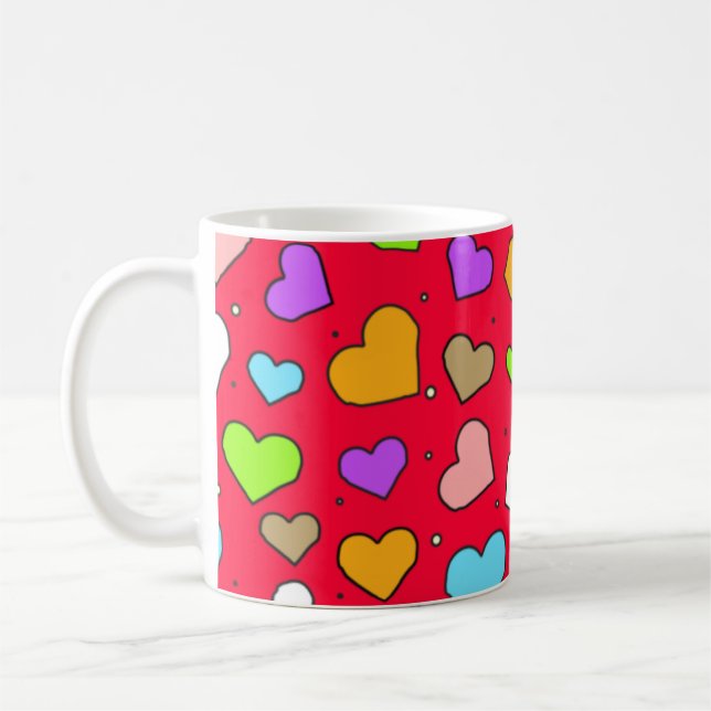 Colourful Hearts Seamless Pattern on Red Backgroun Coffee Mug (Left)