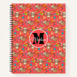 Colourful Hearts Stars Sloth Pattern Personalised Notebook