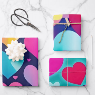 Colourful Hearts Wrapping Paper Flat Sheet Set of