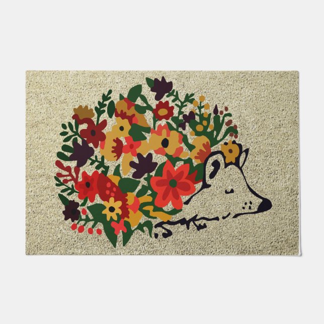 Colourful Hedgehog With Flower Doormat, Cute  Doormat (Front)
