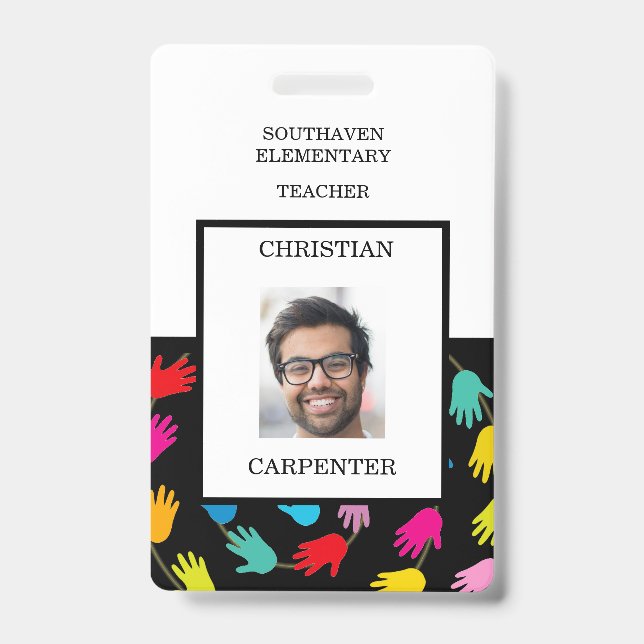 Colourful Helping Hands Teacher School Photo Badge ID Badge (Front)