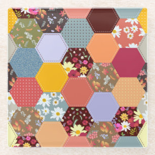 Colourful Hexagon Flowers Quilting Design Glass Coaster