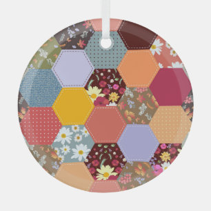 Colourful Hexagon Flowers Quilting Design Glass Tree Decoration