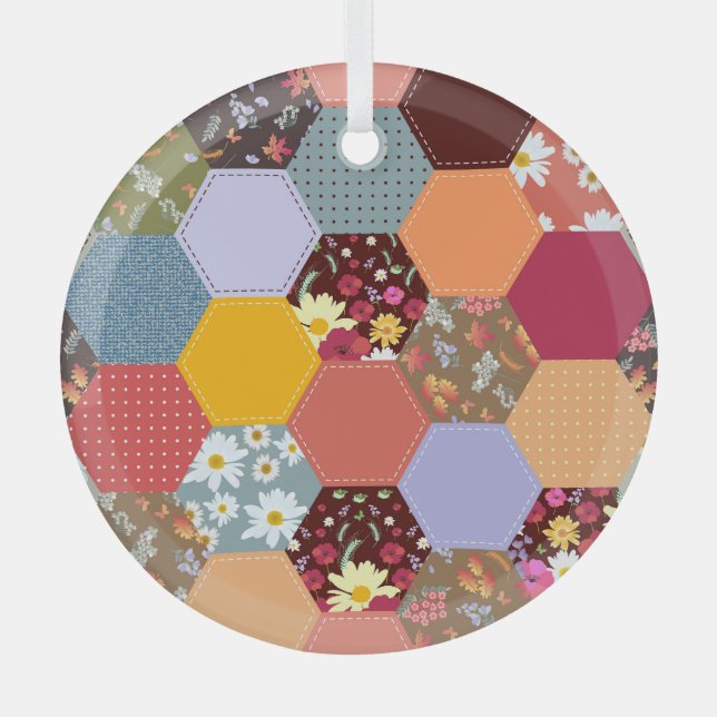 Colourful Hexagon Flowers Quilting Design Glass Tree Decoration (Front)