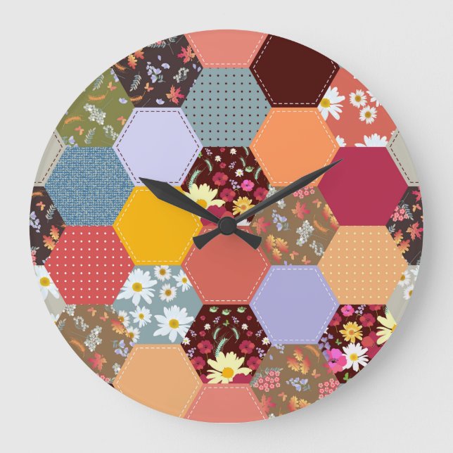 Colourful Hexagon Flowers Quilting Design Large Clock (Front)