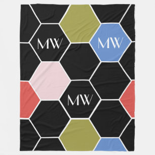 Colourful Hexagon in Modern Colours With Monogram Fleece Blanket