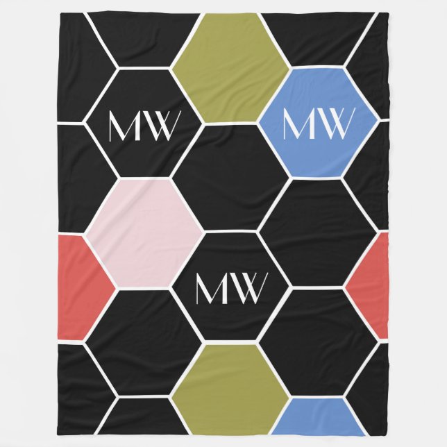 Colourful Hexagon in Modern Colours With Monogram Fleece Blanket (Front)