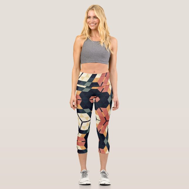 Colourful Hexagon Square Geometric Pattern Capri Leggings (Front)