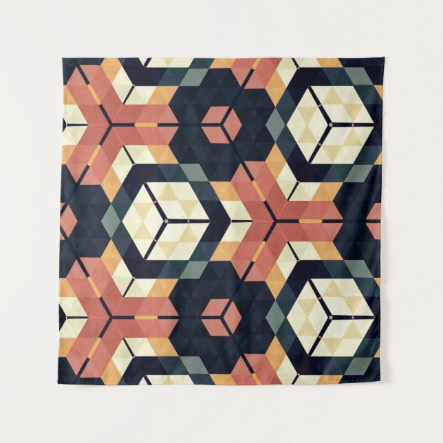 Colourful Hexagon Square Geometric Pattern Tapestry (Front)