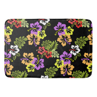 Colourful Hibiscus Flowers Pattern in Black Bath Mat