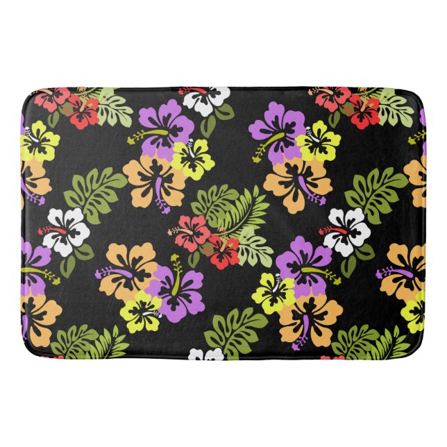 Colourful Hibiscus Flowers Pattern in Black Bath Mat (Front)