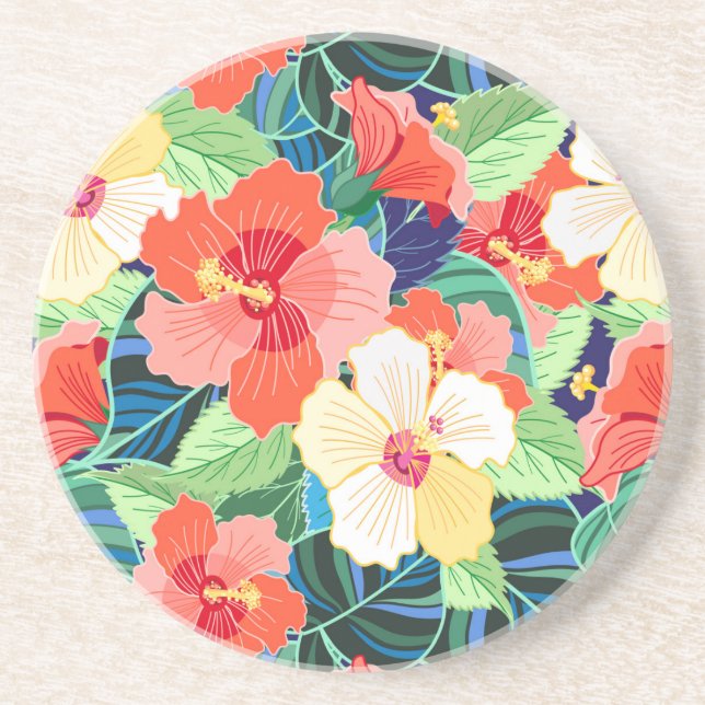 Colourful Hibiscus Pattern Coaster (Front)
