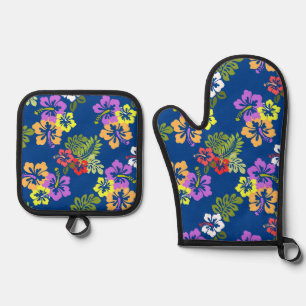 Colourful Hibiscus Pattern in Blue Oven Mitt & Pot Holder Set