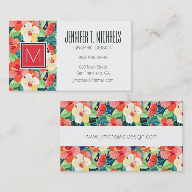 Colourful Hibiscus Pattern | Monogram Business Card (Front/Back)