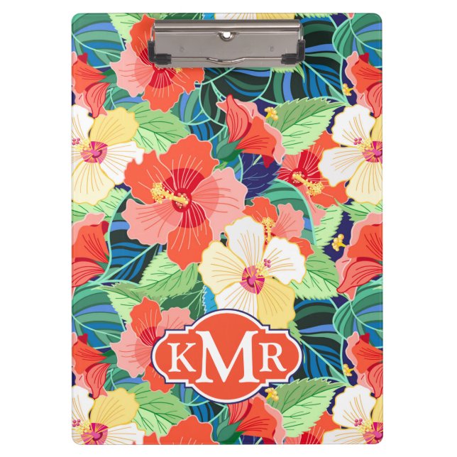 Colourful Hibiscus Pattern | Monogram Clipboard (Front)