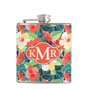 Colourful Hibiscus Pattern   Monogram Hip Flask