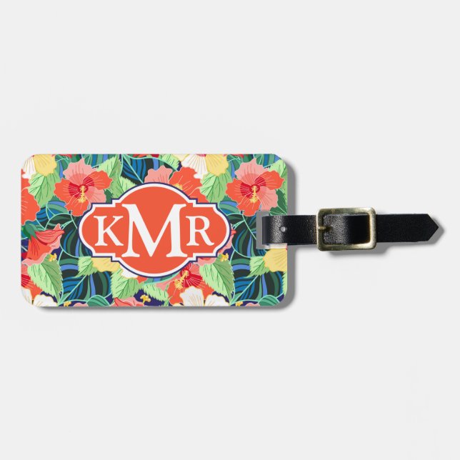 Colourful Hibiscus Pattern | Monogram Luggage Tag (Front Horizontal)