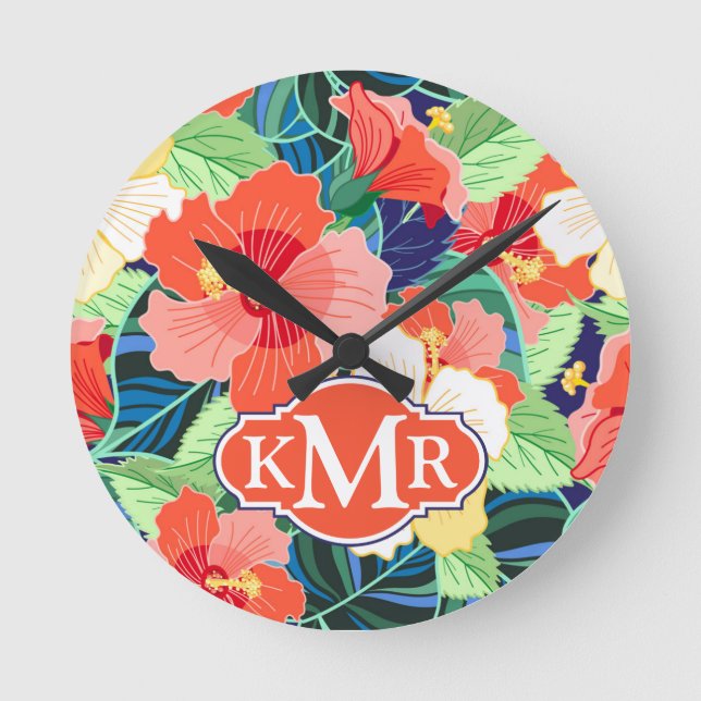 Colourful Hibiscus Pattern | Monogram Round Clock (Front)