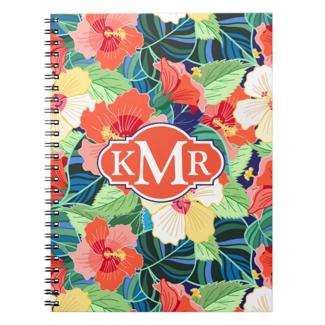 Colourful Hibiscus Pattern | Monogram Spiral Notebook (Front)