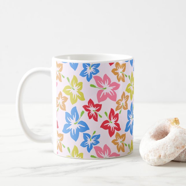 Colourful Hibiscus, Pattern Of Flowers Coffee Mug (With Donut)