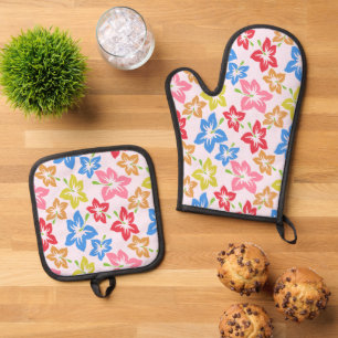 Colourful Hibiscus, Pattern Of Flowers Oven Mitt & Pot Holder Set