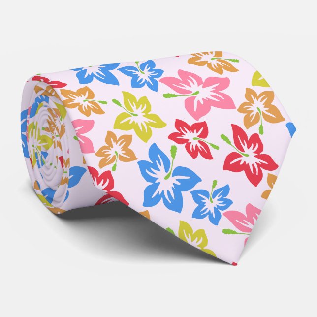 Colourful Hibiscus, Pattern Of Flowers Tie (Rolled)