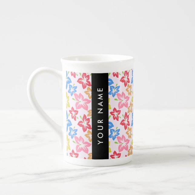 Colourful Hibiscus, Pattern Of Flowers, Your Name Bone China Mug (Left)