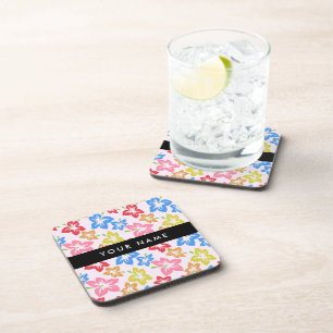 Colourful Hibiscus, Pattern Of Flowers, Your Name Coaster
